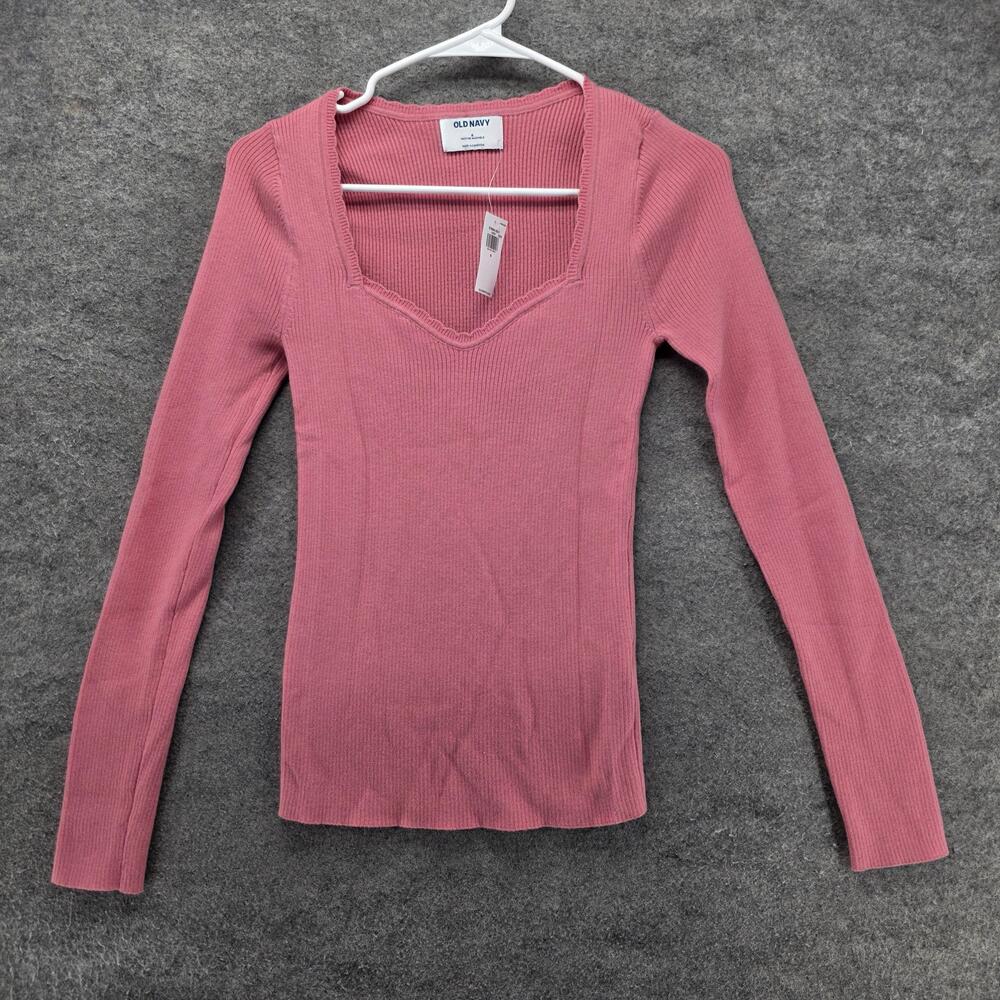 Old Navy Blouse Womens S Pink Sweetheart Fit Ribbed Knit Long Sleeve Stretch